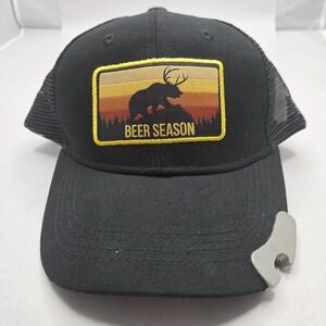Alpha Outpost Beer Season Trucker Hat Elk Patch Black Snapback Bottle Opener